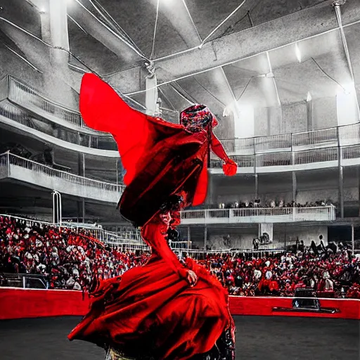 Image similar to electric red by frieke janssens, by glen fabry. a mixed mediart of a bullfight in spain. the mixed mediart is set in an arena with spectators in the stands. several figures in the mixed mediart, including a matador & a bull.