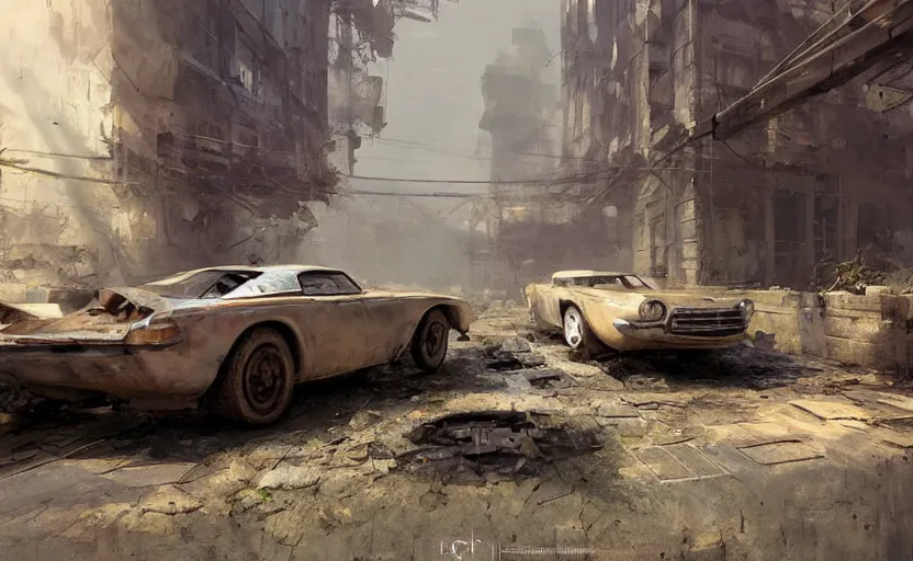 Image similar to the old car is in a ruined penthouse, painting by Craig Mullins, octane rendering, soft morning lighting, wide angle lens, in the style of Hayao Miyazaki, trending on artstation,