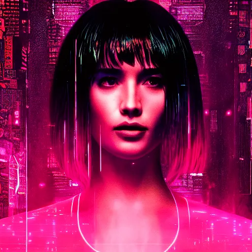 Prompt: joi from blade runner 2 0 4 9 as a giant pink hologram, neo - noire