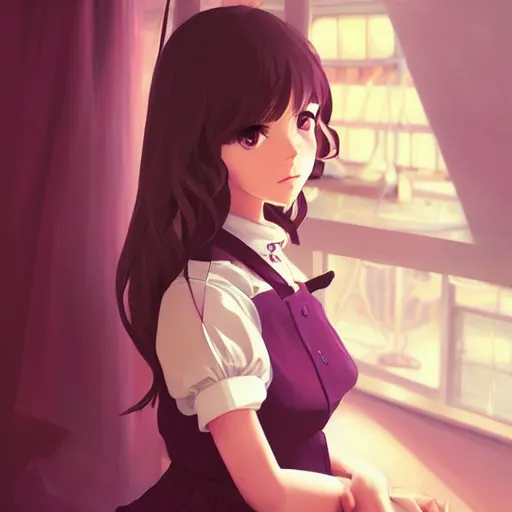 Image similar to portrait of brunette girl wearing maid uniform by ilya kuvshinov and anna dittmann and studio ghibli and wlop and rossdraws, digital art, trending on artstation, anime arts, featured on pixiv, purple lighting, hd, 8 k, highly detailed, good lighting, beautiful, epic, masterpiece, nazi chiq