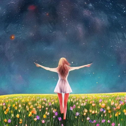 Prompt: breathtaking beautiful illustration of a girl standing in a field of wild flowers gazing up at night sky, stars and milky way and moon, extreme foreshortening, bottom - up perspective, perspective art, extreme angle, style of thomke meyer and julia plath, trending on artstation, ballpoint ultramarine and white