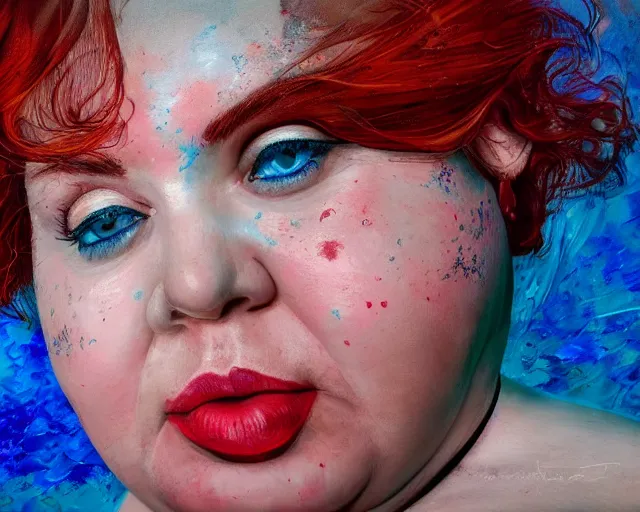 Image similar to an innocent and beautiful scene in hyper realistic style, about an fat old woman, wearing black lace jumpsuit, and painting a huge colorful fish on the wall, lighting from the barred window. shadows. 4 k. wide angle. wild. red mouth, blue eyes. deep focus, lovely scene. ambient occlusion render. unreal engine.