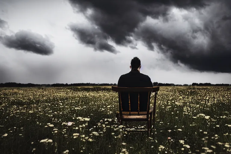Prompt: 50mm DSLR photograph of a very moody flower meadow with moody storm clouds, ominous man sitting in a vintage chair at the center, photography, panoramic view, Hyperdetailed, photorealistic, Unsplash
