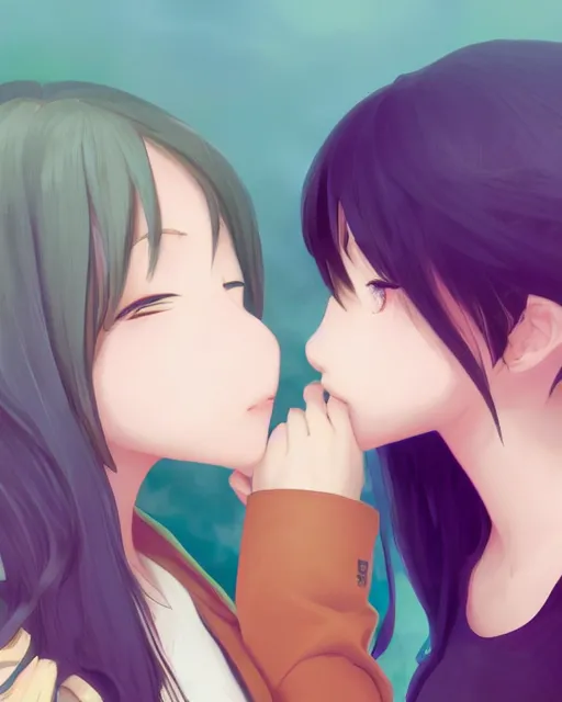 Image similar to portrait of two girls kissing, anime, trending on Artstation
