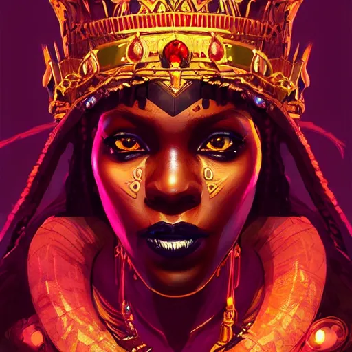 Image similar to a dark and ominous african queen with glowing eyes and a golden crown with a ruby, Apex Legends character digital illustration portrait design, by android jones and greg rutkowski in a cyberpunk voodoo style, detailed, cinematic lighting, wide angle action dynamic portrait