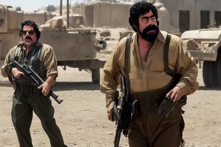 Prompt: Benicio Del Toro as Saddam Hussein in 'SadDamn Hussling 2' (2024), movie still frame, promotional image, imax 70 mm footage, oscar nominated cinematography, volumetric lighting, 8k resolution