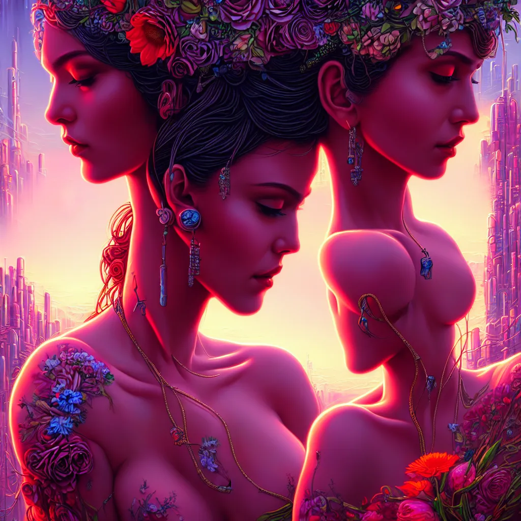 Image similar to a beautiful closeup 4K portrait painting of a flower goddess in a sensual pose, in the style dan mumford artwork, in the background a futuristic cyberpunk city is seen.