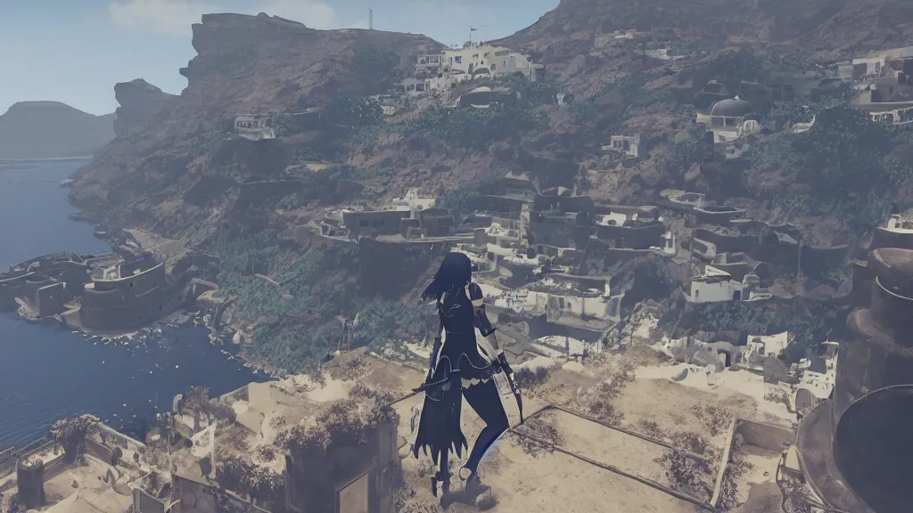 Image similar to Screenshot from Nier Automata, beautiful landscape in Santorini