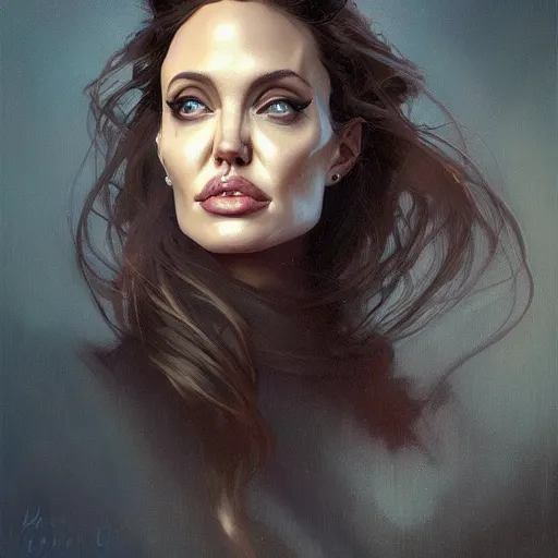 Prompt: portrait of angelina jolie by greg rutkowski, alphonse mucha and ayami kojima, very tall and slim, wearing a oversized jumper jumpsuit, scifi, highly detailed portrait, digital painting, artstation, concept art, smooth, sharp foccus ilustration, artstation hq