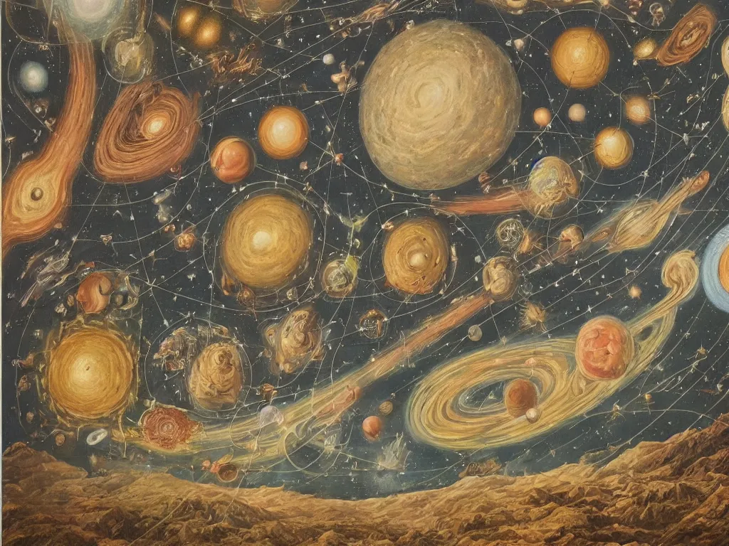 Image similar to the entire history of the Universe in all 4 dimensions depicted as a painting in a museum