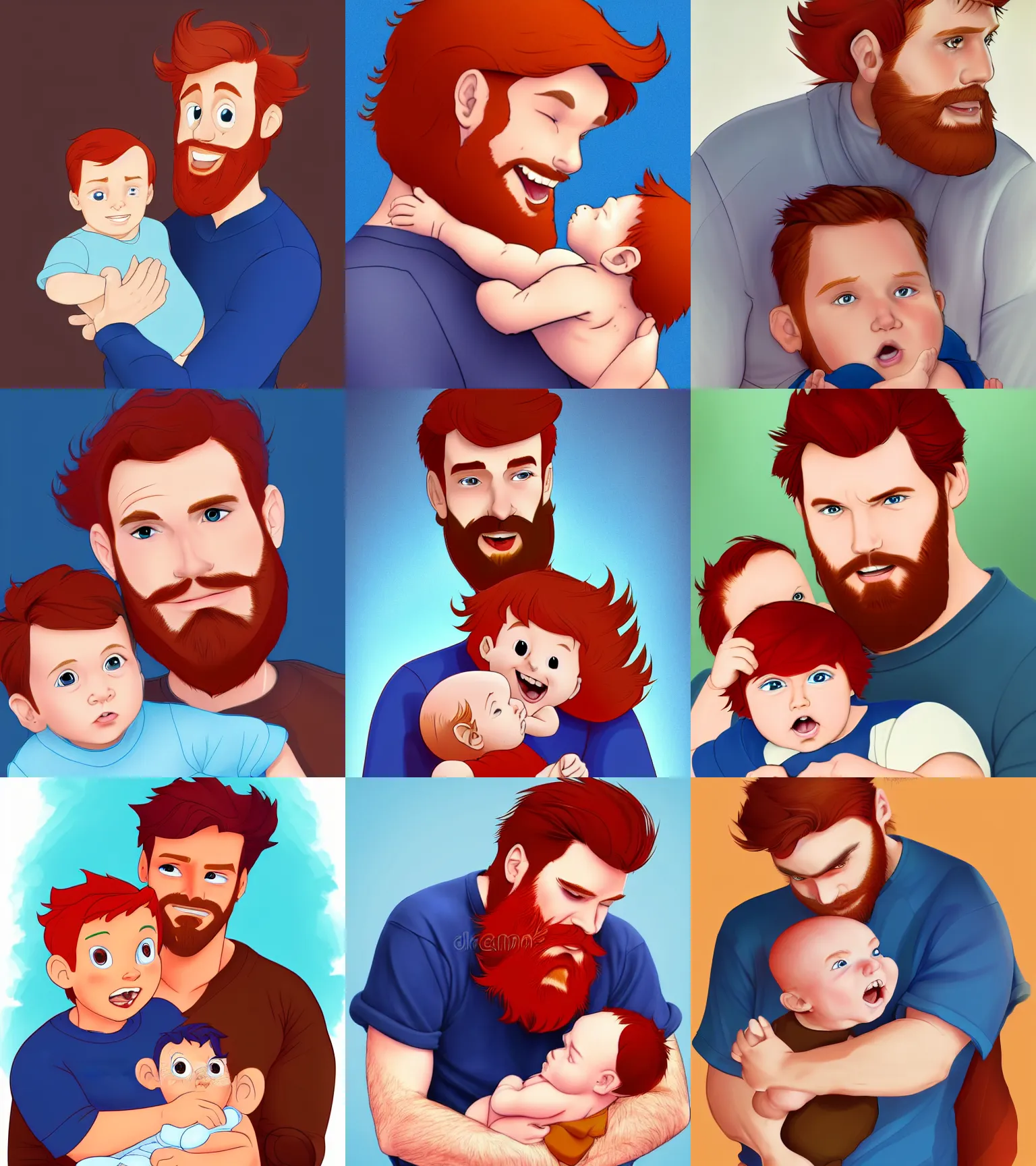 Prompt: a father with red hair, a short red beard and blue eyes with his brown haired infant baby boy full color digital illustration in the style of don bluth, artgerm, artstation trending, 4 k