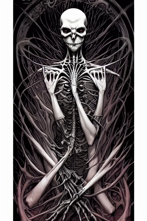 Image similar to artgerm, joshua middleton, mucha, beksinski, flourescent, heavy metal comic cover art, psychedelic triangular skeletal calcification fungus lich, full body, hollow eyes, symmetrical face, long black crown, in a dungeon background, moody dark colors