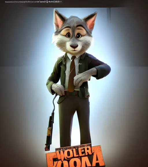 Prompt: promotional poster a film still from zootopia main character portrait anthro anthropomorphic wolf security guard head animal person fursona wearing suit and tie pixar disney dreamworks animation sharp rendered in unreal engine 5 octane key art by greg rutkowski bloom dramatic lighting modeling expert masterpiece render