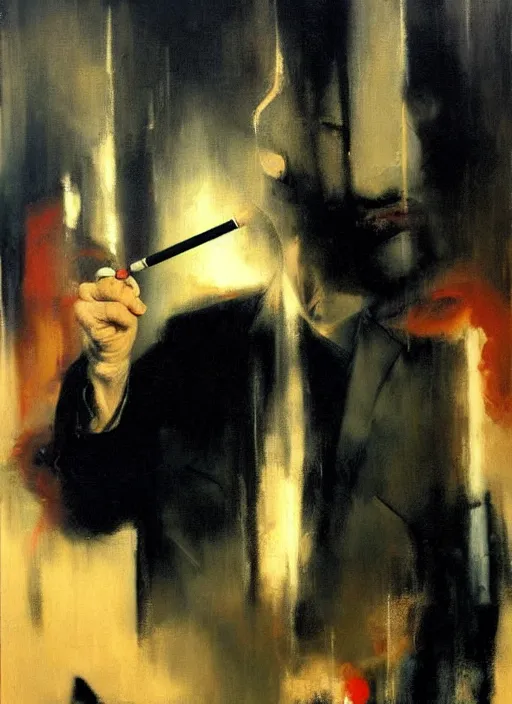 Prompt: david lynch, smoking, smoke billowing, painting by phil hale, 'action lines'!!!, graphic style, visible brushstrokes, motion blur, blurry