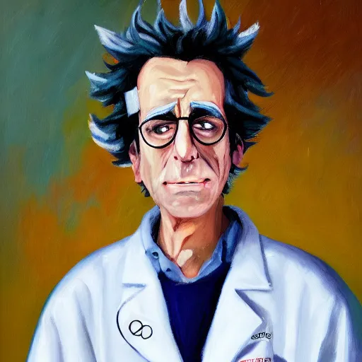 Image similar to A portrait of Rick Sanchez wearing a lab coat, oil painting