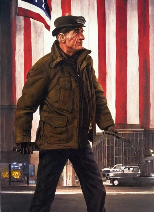 Image similar to painting of robert de niro in character as jack walsh in the movie midnight run, turning and flashing FBI badge, by Frank McCarthy