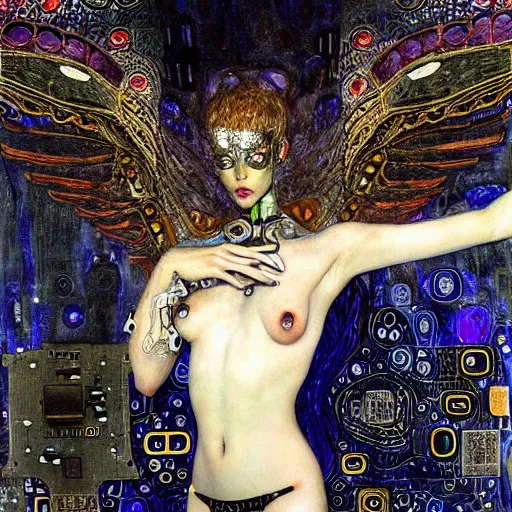 Prompt: winged cybernetic demon trapped in circuitry, intricate detail, klimt, miro, royo, whealan, figure study,