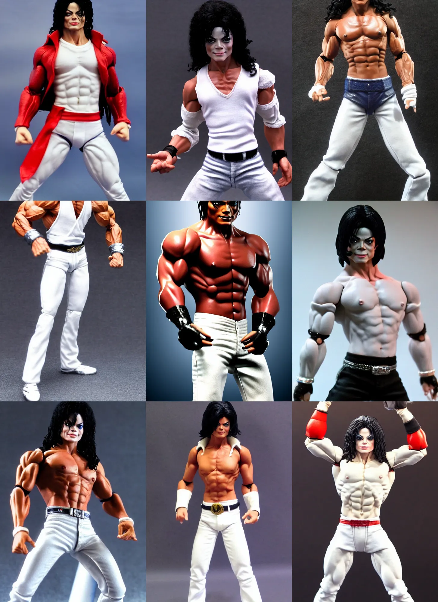 Prompt: michael jackson muscular powerlifter by neca!!! pretty! beautiful! shirtless muscular white pants very detailed realistic action figure by neca. face close up headshot. in the style of tekken 5, character from mortal kombat, film still, bokehs