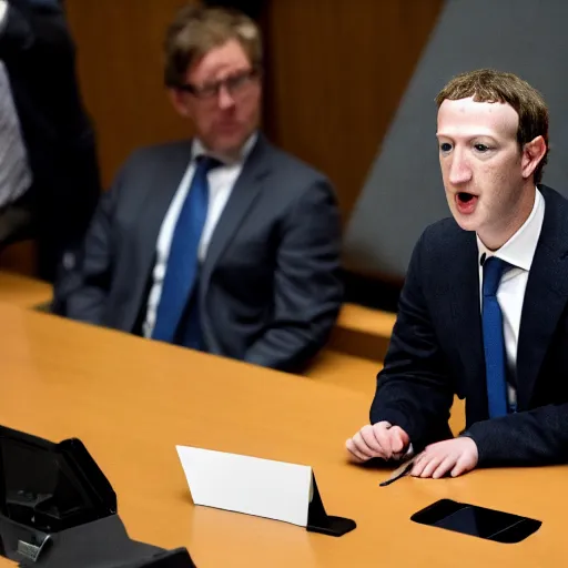 Image similar to disappointed mark zuckerberg on his trial at the hague