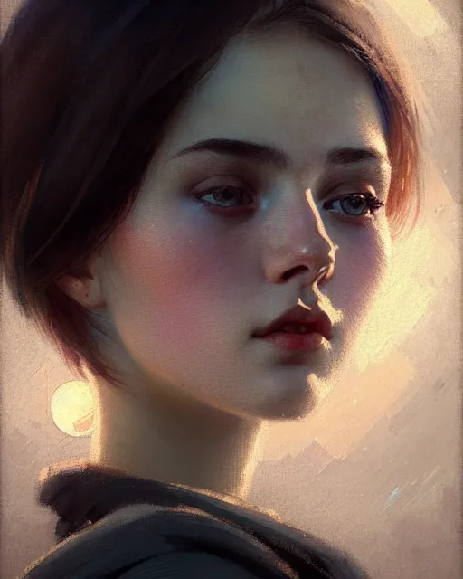 Image similar to young woman with short hair, beautiful girl, close up portrait, moonlight, highkey, realistic, serov, surikov, vasnetsov, repin, kramskoi, paint texture, uplight, insanely detailed, charlie bowater, tom bagshaw, octane rendered, unreal engine, illustration, trending on artstation, masterpiece