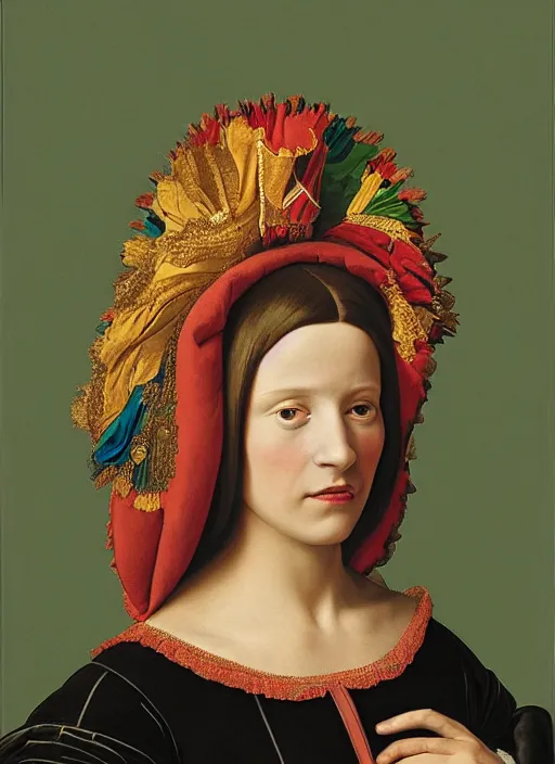 Image similar to portrait of young woman in renaissance dress and renaissance headdress, art by oliviero toscani