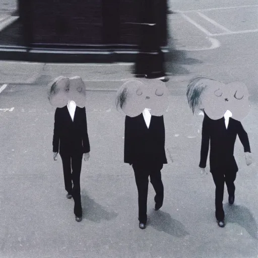 Prompt: wide-shot low angle of empty animated formal suits walking down the street, polaroid photo, by Andy Warhol, by Rene Magritte