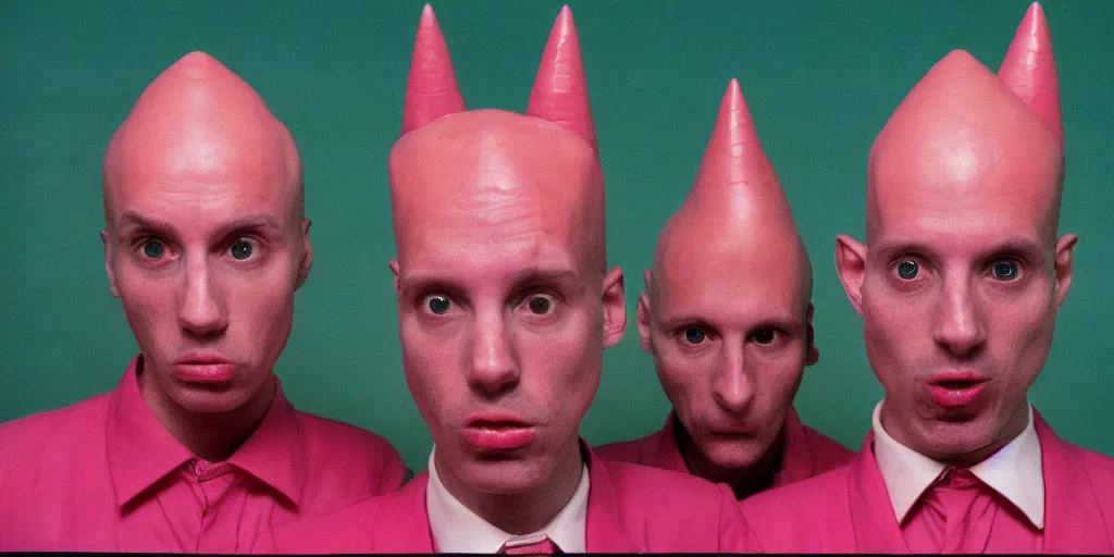Image similar to polymer prymaat coneheads french band, 1980s surrealism aesthetic, detailed facial expressions