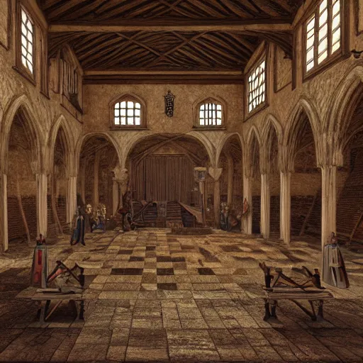 Image similar to medieval hall with king, royalty, courtisans, monks, artstation, fantasy, high details, digital art