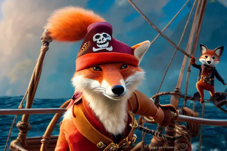 Image similar to promotional image of a fox as a pirate captain in the new pixar movie, very detailed face, movie still frame, promotional image, imax 70 mm footage, oil painting, illustration, concept art