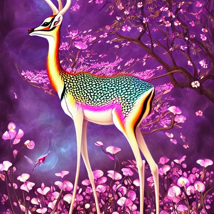 Prompt: extremely psychedelic gazelle made of orchid and cherry blossom tree and mushroom, LSD, diffuse lighting, fantasy, intricate, elegant, highly detailed, lifelike, photorealistic, digital painting, artstation, illustration, concept art, smooth, sharp focus, art by John Collier and Albert Aublet and Krenz Cushart and Artem Demura and Alphonse Mucha