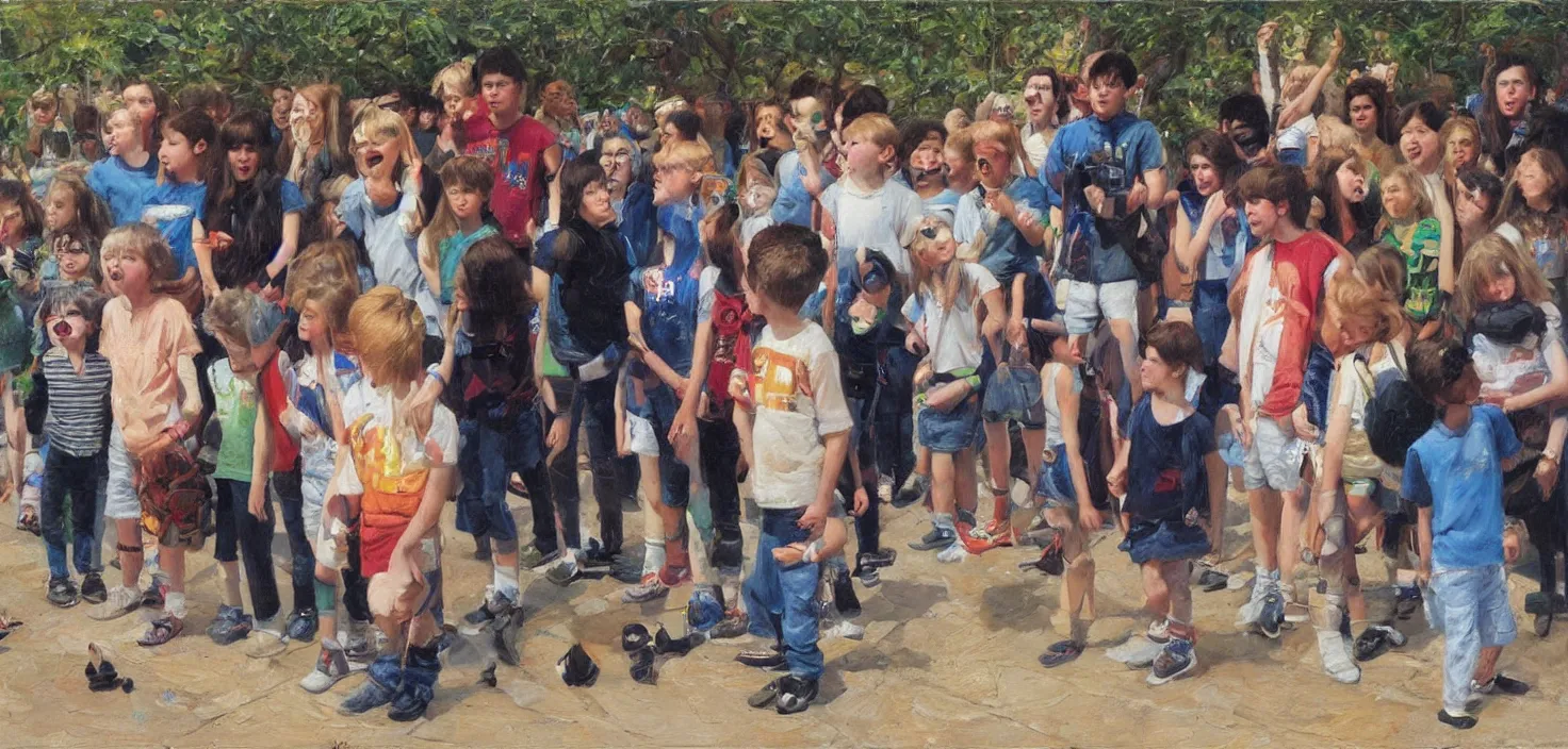 Prompt: a nerdy child stood looking at a group of cool children whilst singing echosmiths song cool kids, oil painting by James gurney