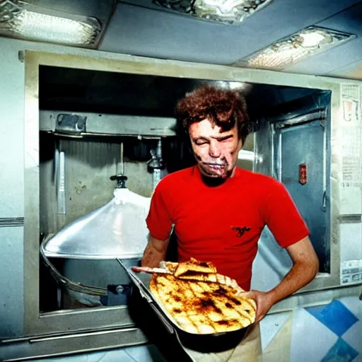 Prompt: alien cooks shawarma in a stall, soviet space, top secret style, realistic photo, cinestill 8 0 0 t, 1 9 7 0 s, color