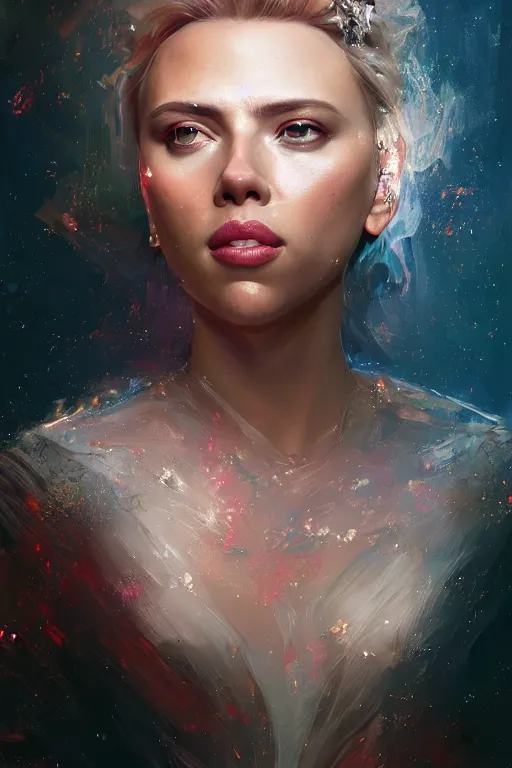 Image similar to a fancy portrait of a crystalized Scarlett Johansson by Greg Rutkowski, Sung Choi, Mitchell Mohrhauser, Maciej Kuciara, Johnson Ting, Maxim Verehin, Peter Konig, final fantasy , mythical, 8k photorealistic, cinematic lighting, HD, high details, atmospheric,