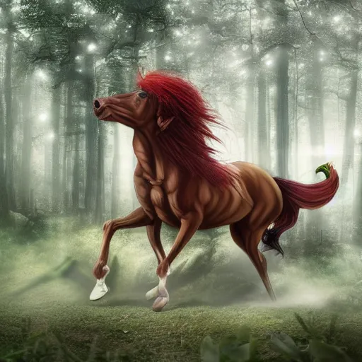 Image similar to a half - man, half - horse with a big red beard in a forest fantasy art, highly detailed