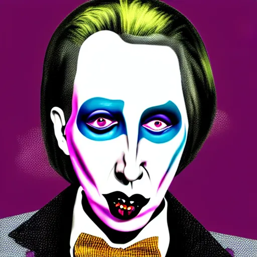 Prompt: graphic illustration, creative design, marilyn manson as willy wonka, biopunk, francis bacon, highly detailed, hunter s thompson, concept art