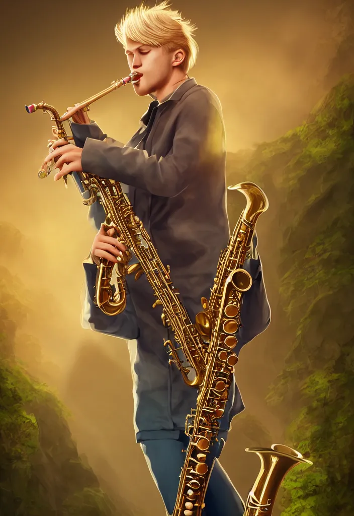Image similar to a highly detailed illustration of a blond man with nice cloths playing the sax, on a nice calm serene environment, nature fractal on the background artstation, DeviantArt, professional, octane render, vector art