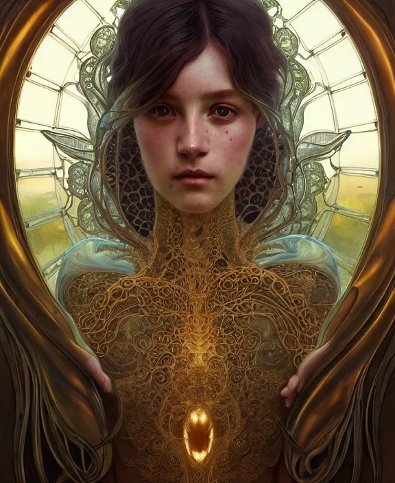 Image similar to intricate ornate opulent transparent clear see - through portrait of a terrifying beautiful alien mollusk, mottled coloring, adorable, childlike, pastoral environment, ultra realistic, concept art, art nouveau, photorealistic, octane render, 8 k, unreal engine. art by christopher marley and artgerm and greg rutkowski and alphonse mucha