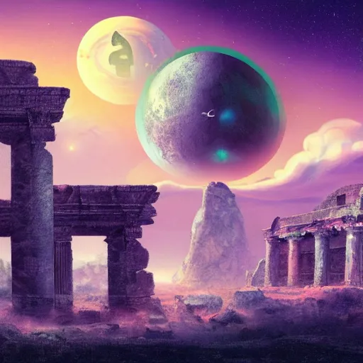 Image similar to ancient ruins in the moon, ufos in the sky, retrowave epic art, trending on art station