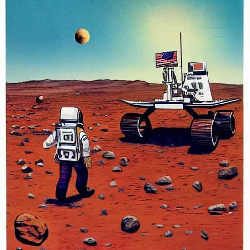 Image similar to astronaut walking on Mars with a rover in the background, Vintage Magazine Illustration