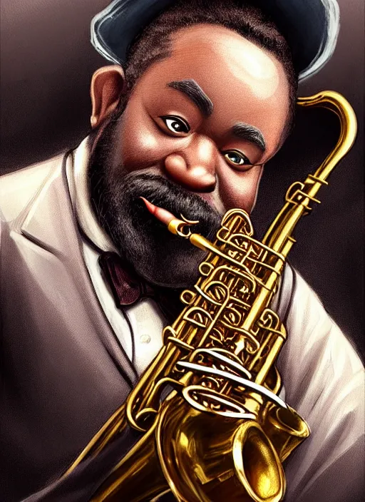 Prompt: picture of a jazz playing dwarf in a pub, lotr, male, black skin, saxophone, tuxedo, face details, shapely, extremely detailed, smooth, sharp focus, digital illustration, by artgerm, rossdraws, sakimichan