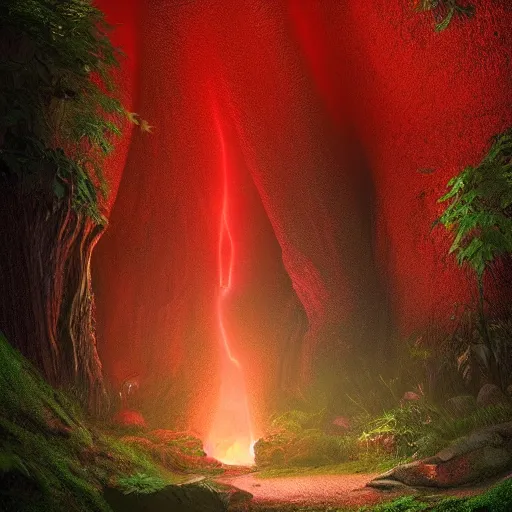 Image similar to red glow coming from cave entrance in ethereal lush forest with mystical ambiance and fog, desaturated, realistic, sharp focus, highly detailed, by artgerm