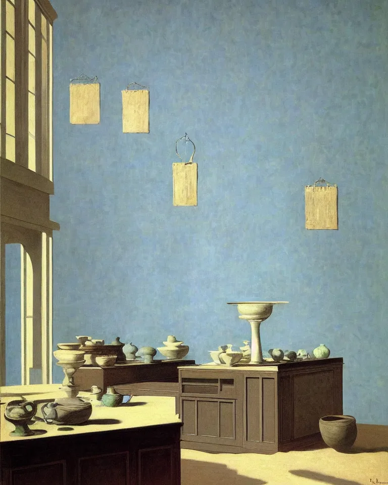 Image similar to achingly beautiful painting of a sophisticated kitchen on baby blue background by rene magritte, monet, and turner. giovanni battista piranesi.