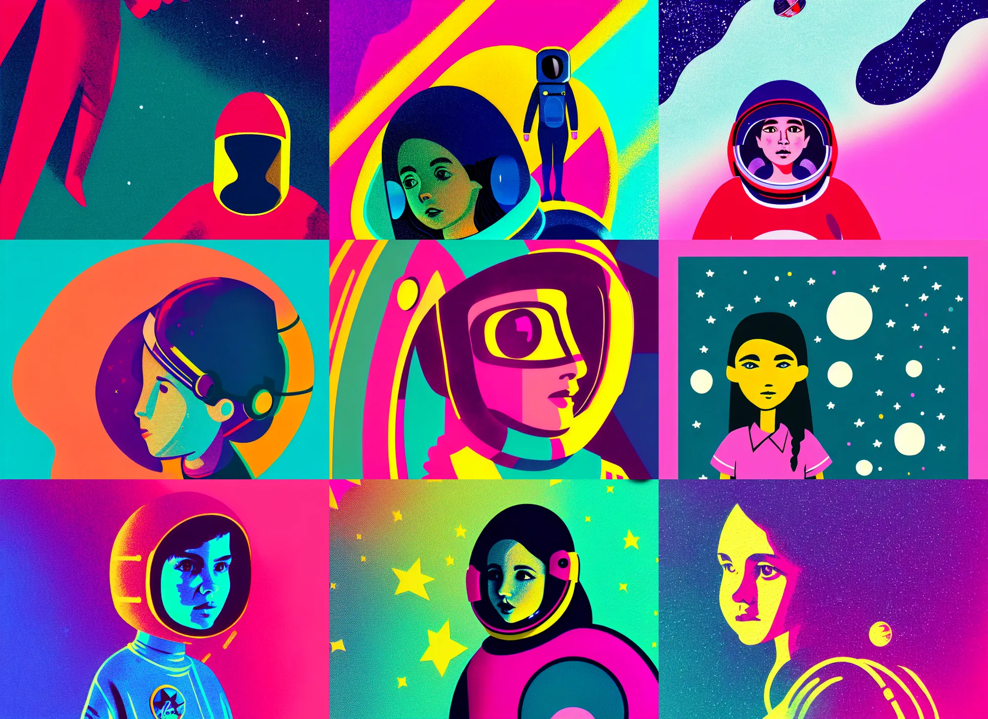 Prompt: ( ( strong dither ) ), editorial illustration of a young astronaut girl, colorful modern, senor salme, strong texture, dynamic composition, detailed, dramatic lighting, matte print, dynamic perspective, muted color, lomography, muted colors, risograph