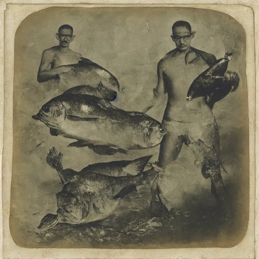 Image similar to “a daguerreotype of a cyborg Gandhi holding a large fish ”