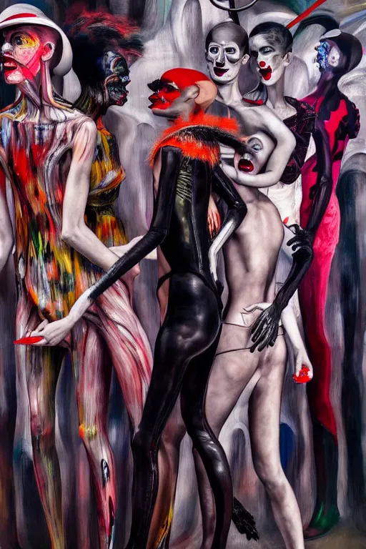 Image similar to crazy fashion catwalk, latex, constructivism, freak show, one model, crazy clothes, biopunk style, horror, hauntingly surreal, highly detailed painting by francis bacon, edward hopper, adrian ghenie, gerhard richter, and james jean 4 k