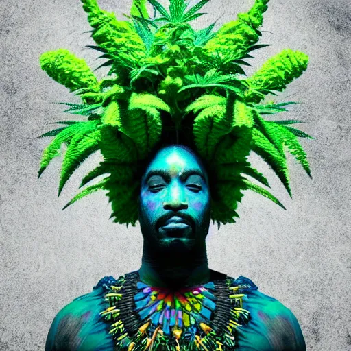 Prompt: an african marijuanna! shaman with an afro made of flowers, third eye art art by machina infinitum, complexity from simplicity, rendered in octane, mandelbulb 3 d, rim lighting, ambient occlusion, macro photography, felt!!! texture, tribal, neon! retrowave