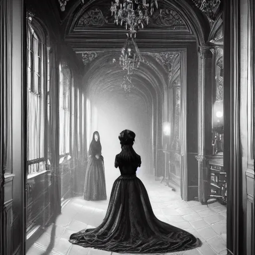 Prompt: a beautiful victorian woman is frightened by her zombie twin in a mirror. she is in a long hallway of mirrors. victorian interior, with many mirrors, twins, elegant design, haunting atmosphere, dark lighting, gothic, horror style, scary, swirling fog, volumetric lighting, by greg rutkowski, realistic, dutch angle, zombies