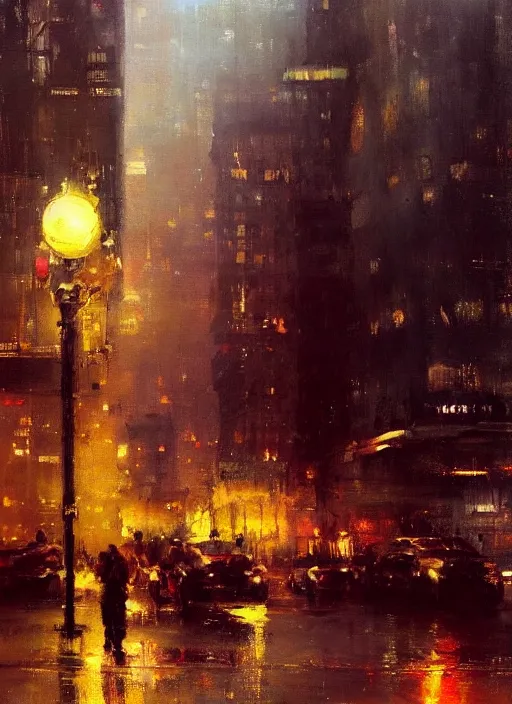 Prompt: a beautiful painting by jeremy mann of a city by night, warm colors