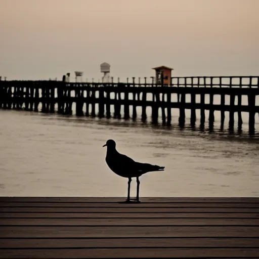 Image similar to a photo still of steven seagull at the pier next to the ocean