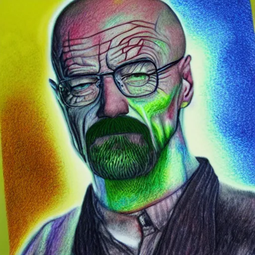 Image similar to walter white covered in acid fog, colored pencil drawing,